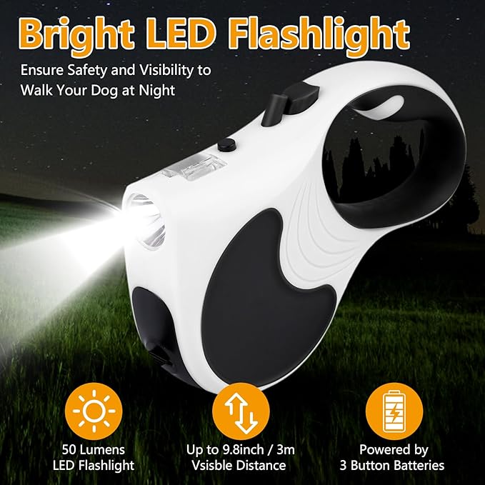Retractable Dog Leash with Flashlight, 16ft Dog Walking Leash for Dogs up to 77lbs, 360° Tangle-Free Nylonup Leash, Anti-Slip Handle -White