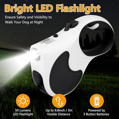 Retractable Dog Leash with Flashlight, 16ft Dog Walking Leash for Dogs up to 77lbs, 360° Tangle-Free Nylonup Leash, Anti-Slip Handle -White