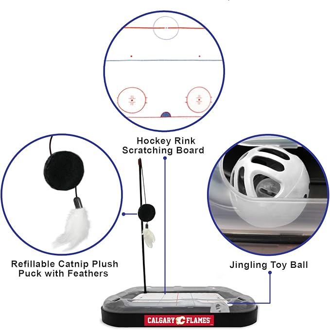 Pets First NHL Calgary Flames 5-in-1 Cat Scratching Toy with Interactive Cat Ball, Bell and Track