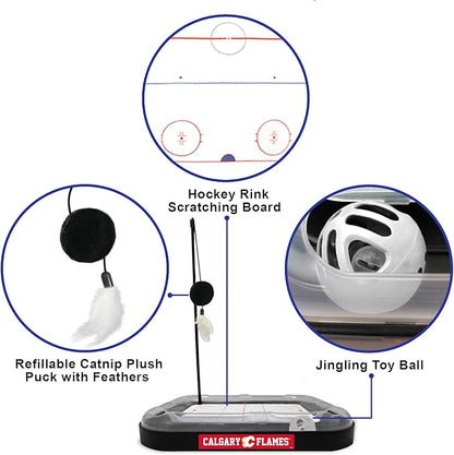 Pets First NHL Calgary Flames 5-in-1 Cat Scratching Toy with Interactive Cat Ball, Bell and Track