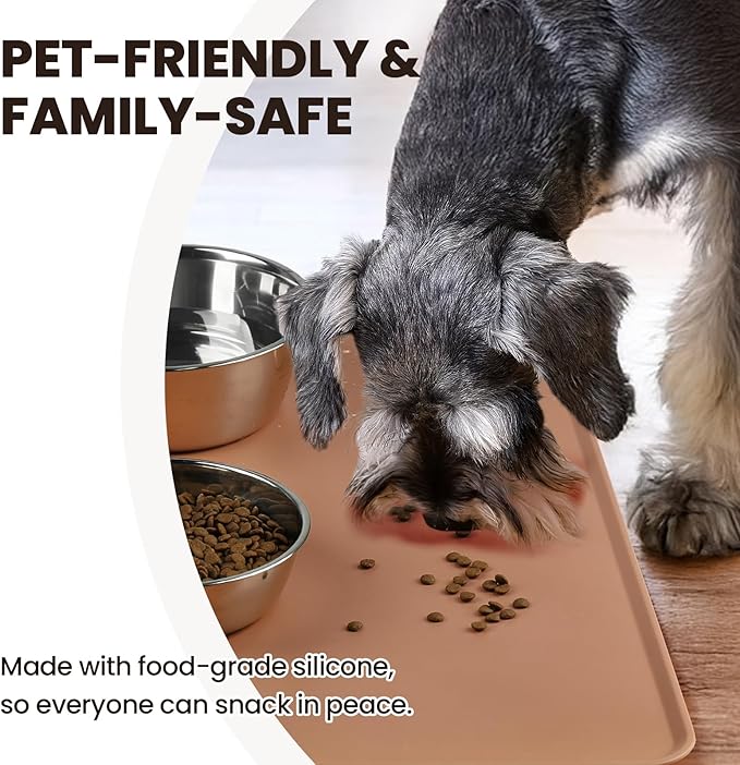 VIVAGLORY Dog Food Mat Flexmat Dog Bowl Mat, Placemat Food Tray with Raised Edges & Lip for Indoor Floor, Non Slip Waterproof Silicone Dish Placemat for Cat & Pet, L, Khaki