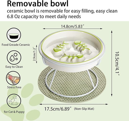 Raised Cat Dog Slow Feeder Bowl with Stand,Elevated Cat Food Bowl Shallow Design,Slow Down Eating Speed of Pets,No Whisker Fatigue Ceramic Puzzy Feeder, Against Bloat,Indigestion, Easy to Clean