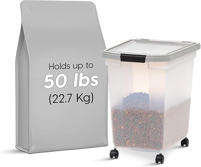 IRIS USA Airtight Dog Food Storage Container, WeatherPro, Up to 50 lbs, Removable Wheels, for Dog Cat Bird and Other Pet Food Storage Bin, Keep Fresh, Translucent Body, Made in USA, Clear/Gray