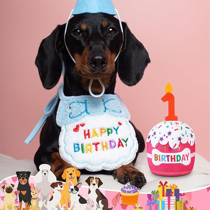 Dog Birthday Cake Toy Accessories for Girl Boy Gifts, Squeaky Plush Toy for Dog Birthday Party Decor Favor for Large, Medium and Small Dogs(1st,Pink)