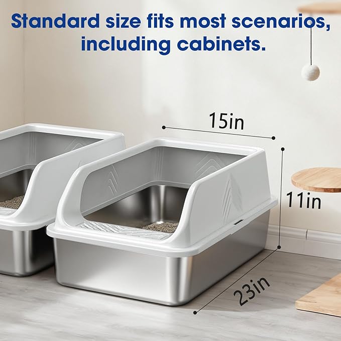 Stainless Steel Litter Box, 2 Pack XL Metal Cat Litter Boxes with Lid High Sided Enclosed for Big Cat and Multiple Cats, Anti-Urine Leakage | Non-Stick Bottom & Includes Scoop