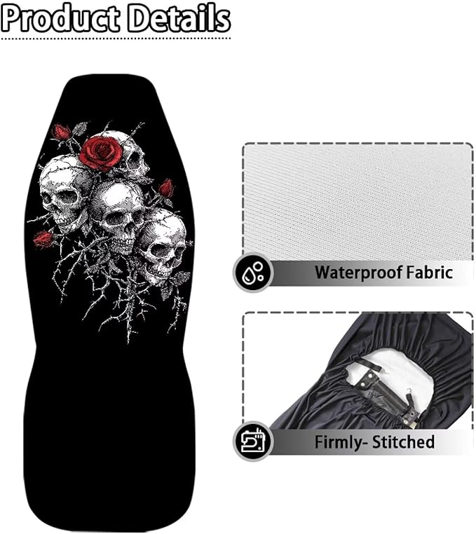 Skull Rose Car Seat Covers 2 Pcs Car Seat Covers Front Seats Only Waterproof Breathable Easy to Install Anti-Slip Back Fabric Universal Fit for Auto Truck Van SUV