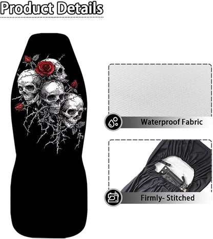 Skull Rose Car Seat Covers 2 Pcs Car Seat Covers Front Seats Only Waterproof Breathable Easy to Install Anti-Slip Back Fabric Universal Fit for Auto Truck Van SUV