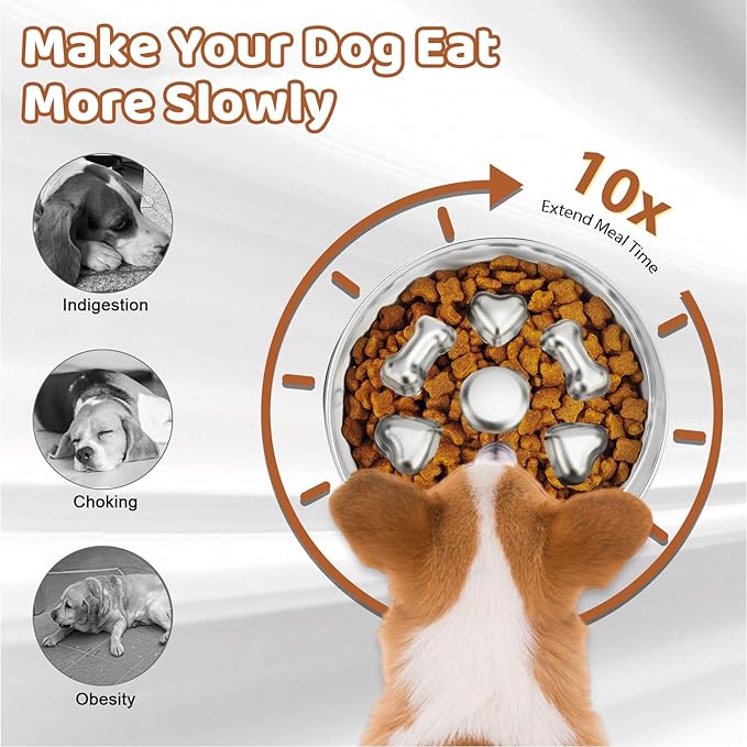 Slow Feeder Dog Bowl Stainless Steel, 2 Cups Metal Dogs Food Water Bowls with Non-Slip Pad, Stop Pet Dog Puppy Puzzle Feeder for Small & Medium Dogs to Slow Down Eating (A)