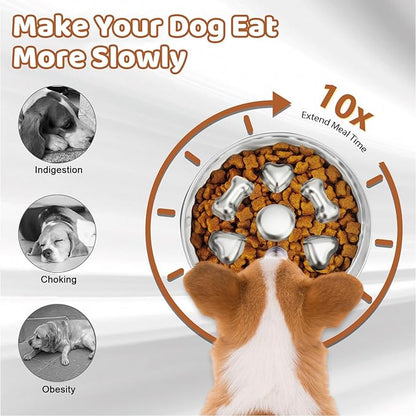 Slow Feeder Dog Bowl Stainless Steel, 2 Cups Metal Dogs Food Water Bowls with Non-Slip Pad, Stop Pet Dog Puppy Puzzle Feeder for Small & Medium Dogs to Slow Down Eating (A)