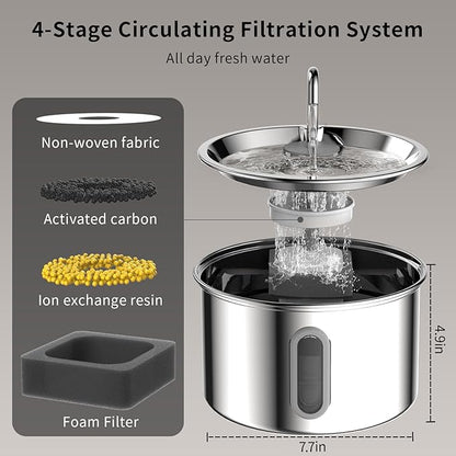 Stainless Steel Cat Water Fountain, Corded 3L/101oz Pet Water Fountain, Dog Waterer with Quiet Pump and 4-Layer Filtration for Cats and Dogs