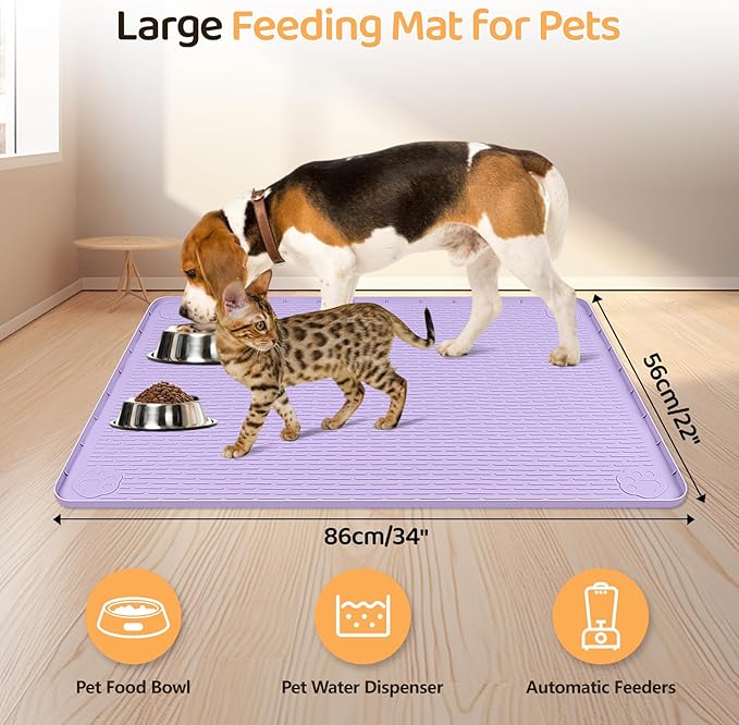 Dog Food Mat, Extra Large 34" x 22" Silicone Pet Feeding Mat with Raised Edge Pet Placemat for Small, Medium, and Large Pets Non-Slip, Easy to Clean (Purple)