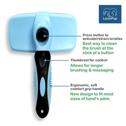 Pet Slicker Brush - Self Cleaning Brush for Dogs & Cats w/Retractable Bristles for All Hair Types - Massaging Pins Remove Tangles & Mats Painlessly - Durable Grooming Tool for Dogs & Cats