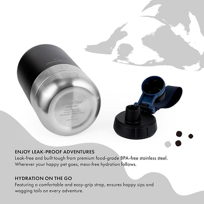 GrandTies Insulated Portable Dog Water Bottle with 2 Detachable Water Bowl Dispenser | Leak-Proof Dog Food Travel Container | Accessories for Dogs Walking, Hiking, Camping (32oz, Matte Black)