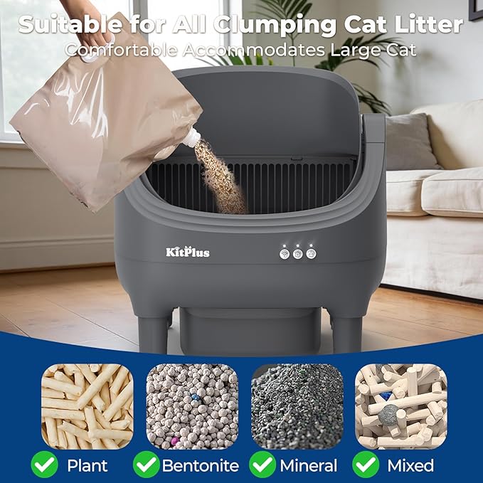 Self Cleaning Litter Box, Automatic Cat Litter Box-APP Control, Open-Design Electric Litter Box, Safety Anti-Pinch, Odor-Free Waste Disposal Includes Trash Bags, Suitable for Multiple Cats, Grey