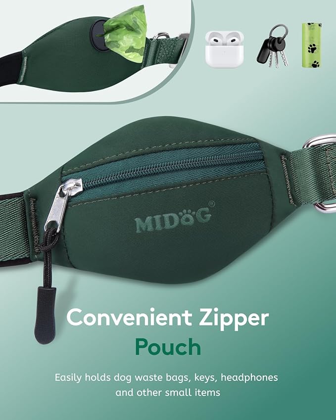 MIDOG Multifunctional Dog Leash Hands Free for Large Dogs - Adjustable Waist Leash with Zipper Pounch& Bungee Cord for Jogging/Running/Walking(4-7FT,Green)