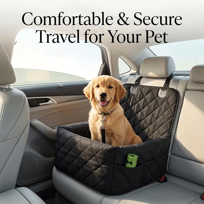 Small Dog Car Seat & Medium Dogs with 4 Rolls of Poo Bags, Booster Seat with Detachable Washable Cover, Travel-Safe with Safety Belts & Storage Pockets, Made with Soft Cotton & Durable Polyester