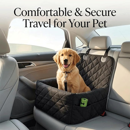 Small Dog Car Seat & Medium Dogs with 4 Rolls of Poo Bags, Booster Seat with Detachable Washable Cover, Travel-Safe with Safety Belts & Storage Pockets, Made with Soft Cotton & Durable Polyester