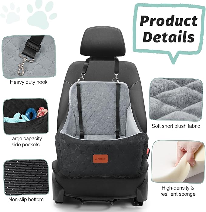 Lealchum Dog Car Seat for Medium Dogs Up to 40lbs,Fully Detachable and Washable,Memory Foam Covered Soft Fabric,Easy to Install with Adjustable Straps,Anti-Slip Base,2 Side Pockets(Black/Grey,Medium)