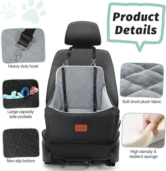 Lealchum Dog Car Seat for Medium Dogs Up to 40lbs,Fully Detachable and Washable,Memory Foam Covered Soft Fabric,Easy to Install with Adjustable Straps,Anti-Slip Base,2 Side Pockets(Black/Grey,Medium)