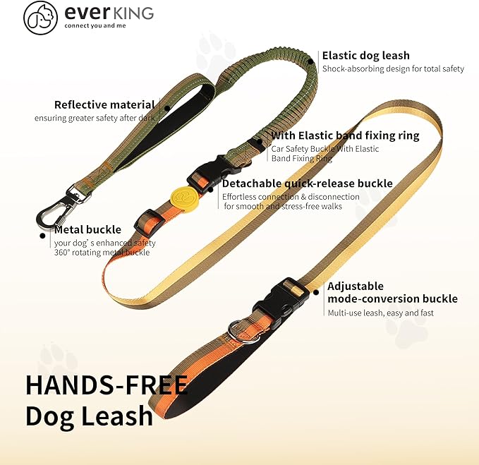 ‌EVERKING 6ft Hands-Free Dog Leash - 6-in-1 Adjustable with 360° Rotating Buckle, Night Reflective & Shock Absorbing for Large/Small Dogs (Up to 120lbs) (Golden)