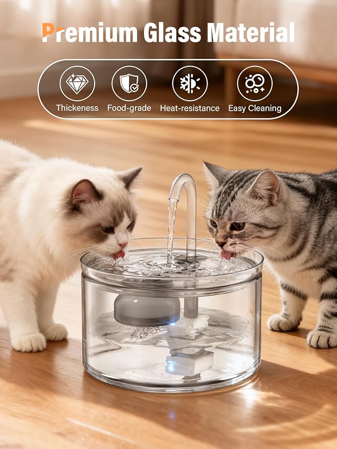 Cat Water Fountain, 74oz/2.2L Glass Automatic Water Fountain with Ultra-Quiet Auto Shut-Off Pump, Easy to Clean Pet Water Dispenser for Cats, Kittens Indoor (with 4 Filters)