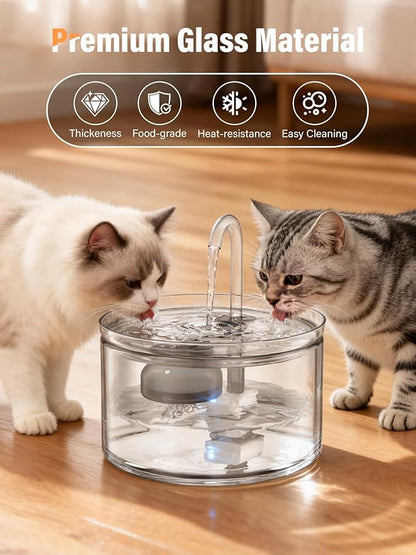 Cat Water Fountain, 74oz/2.2L Glass Automatic Water Fountain with Ultra-Quiet Auto Shut-Off Pump, Easy to Clean Pet Water Dispenser for Cats, Kittens Indoor (with 4 Filters)