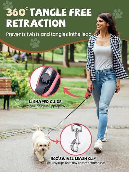 Retractable Dog Leash with Led Light, Douexio 16ft Heavy Duty Dog Leash Retractable for Medium Large Dogs Up to 110lbs,360° Tangle-Free, One-Button Control, High Strength Hook (Red, 66-110lbs)