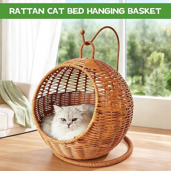 Cat Swing Bed, Cat Egg Chair with Imitation Woven Rattan Appearance, Indoor Hanging Swinging Cat Bed for Cats, Small Dogs, and Small Animals, Brown