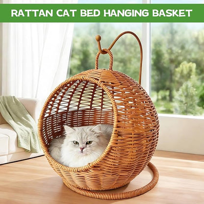 Cat Swing Bed, Cat Egg Chair with Imitation Woven Rattan Appearance, Indoor Hanging Swinging Cat Bed for Cats, Small Dogs, and Small Animals, Brown