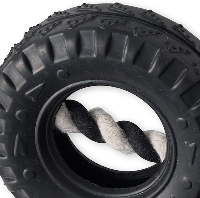 Natural Rubber Tire and Organic Cotton Rope Pull and Chew Dog Toy for All Pet Breeds, Black, Small