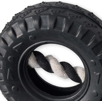 Natural Rubber Tire and Organic Cotton Rope Pull and Chew Dog Toy for All Pet Breeds, Black, Small