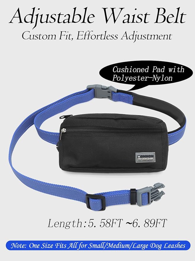 Hands Free Dog Leash with Zipper Pouch & Waist Belt – Reflective Durable Bungee Leash with Dual Padded Handles for Walking, Jogging & Running, Fits Small to Large Dogs (Blue)