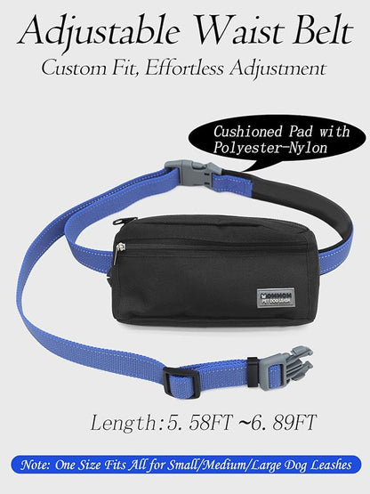 Hands Free Dog Leash with Zipper Pouch & Waist Belt – Reflective Durable Bungee Leash with Dual Padded Handles for Walking, Jogging & Running, Fits Small to Large Dogs (Blue)