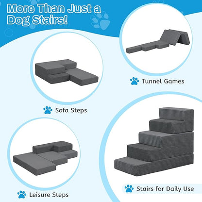 Dog Stairs for Small Dogs, 5 Step Pet Stairs for High Beds and Couch, Dog Steps for Bed Balanced 22.4" H, Foldable Pet Ramp for Large Cats Climb, Non-Slip Bottom Doggy Step, Dark Grey