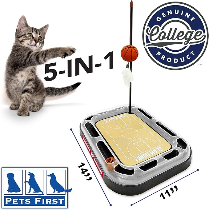 NCAA WISCONSIN Badgers Basketball Court Reversible Felt/Cardboard Cat Scratcher Toy with Interactive Cat Ball Bell Tracker - 6-in-1: Wand, Catnip-Filled Plush Basketball