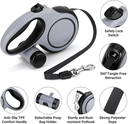 Segarty 16 Ft Retractable Leash with Waste Bag Dispenser, 5m Dog Leash with Anti-Slip Handle 360°Tangle-Free Retraction for Pet up to 66 Lbs, Durable Walking Accessory with One-Handed Brake Pause Lock