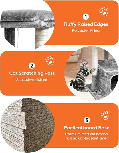 SYANDLVY 27IN Cat Tree for Indoor Cats Large Adult, Modern Activity Tower with Scratching Posts, Condo with Plush Perch, Climbing Stand with Spring Ball for Play, Grey