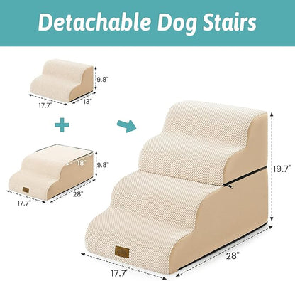 Detachable Curved Wide Dog Stairs 19.7" H, 4 Step Small Dog Step for Puppy or Older Cat, Ramp for Bed, Sofa, Couch or Chair, Ladder with High Density Foam, 17.7x28.3x19.7 inch, Beige