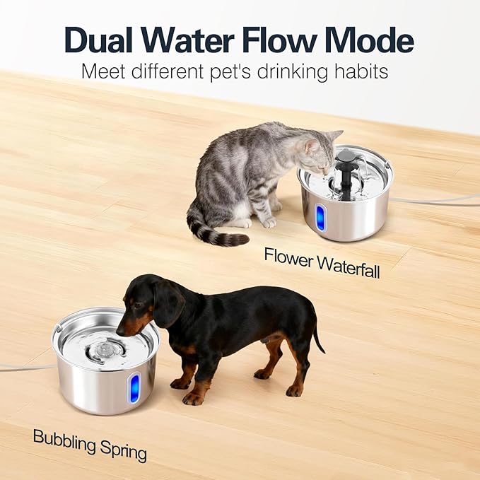 3L/101oz Stainless Steel Cat Water Fountain for Indoor Use - Ultra Quiet Automatic Cat Fountain for Drinking, BPA-Free Pet Water Dispenser for Cats/Small Dogs LED Window (2 Filters & 2 Sponges, Large)