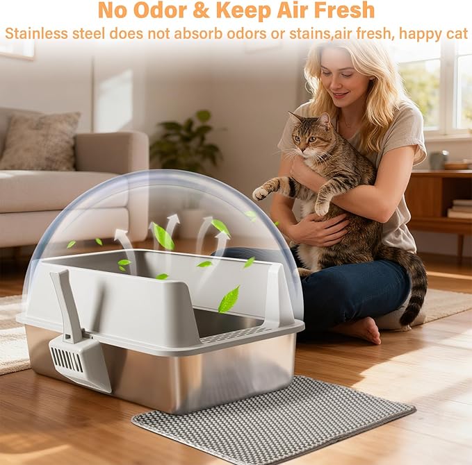 Stainless Steel Cat Litter Box, XL Cat Litter Box with Lid for Big Cat, Extra Large Metal Litterbox with High Side，Non-Stick, Odor-Resist, Anti-Urine Leakage, Easy-Clean, Includes Mat & Scoop
