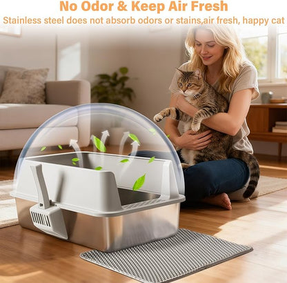 Stainless Steel Cat Litter Box, XL Cat Litter Box with Lid for Big Cat, Extra Large Metal Litterbox with High Side，Non-Stick, Odor-Resist, Anti-Urine Leakage, Easy-Clean, Includes Mat & Scoop