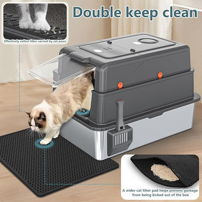 XXXL Extra Large Stainless Steel Litter Box with Lid, 28" L x 20.5" W x 17" H Covered Stainless Steel Litter Box, Multiple Natural Activated Carbon Filter Bags, Non-Sticky, Anti-Leakage, Easy to Clean