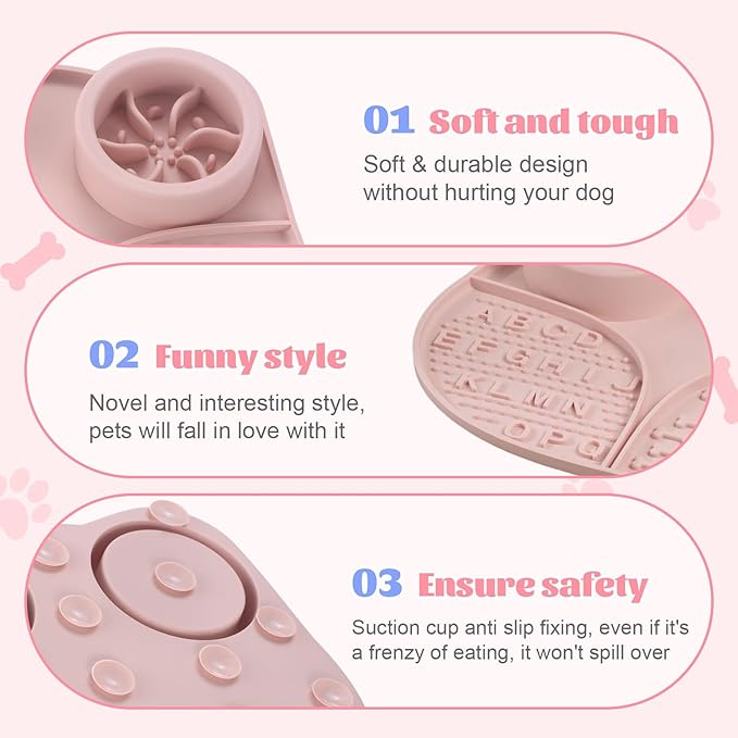 Silicone Slow Feeder Dog Bowls & Cat Bowls, 2 Cups Small Pet Food Bowl with Non-Slip Suction Base, Food-Grade Safe Puzzle Feeder for Small & Medium Dogs & Indoor Cats (Bowl & Lick Mat (Pink))