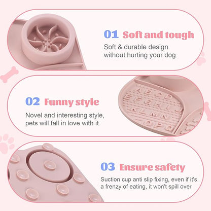 Silicone Slow Feeder Dog Bowls & Cat Bowls, 2 Cups Small Pet Food Bowl with Non-Slip Suction Base, Food-Grade Safe Puzzle Feeder for Small & Medium Dogs & Indoor Cats (Bowl & Lick Mat (Pink))