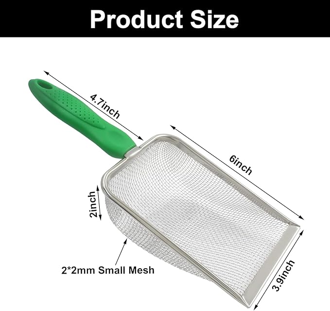 Murtenze Stainless Steel Cat Litter Scoop, Non-Stick Coated Metal Fine Sand Litter Scoop, Mesh Shovel for Reptile Kitten Pooper (Green, 2mm mesh)