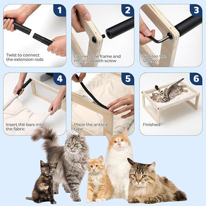Cat Bed with Removable Washable Cushion, 9.5" Elevated Wooden Cat Hammock Bed, 360° Visibility Dog/Cat Cot with Cozy Winter Pads for Kitty, Puppy, Rabbit and All Pets
