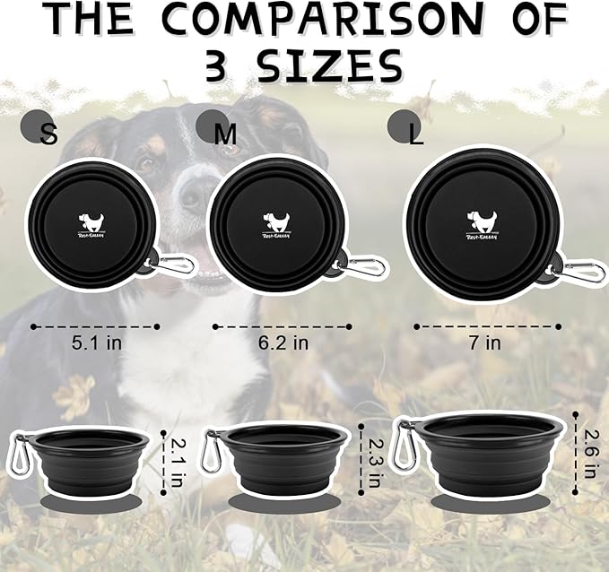 Collapsible Dog Bowls for Travel, 2-Pack Dog Portable Water Bowl for Dogs Cats Pet Foldable Feeding Watering Dish for Traveling Camping with Carabiners, BPA Free (Grey&Black, Large)