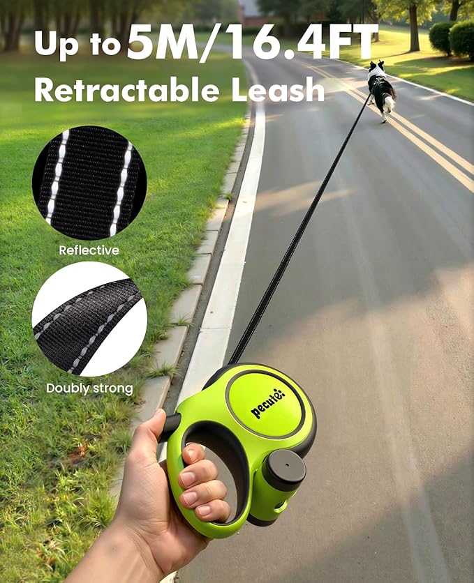 Pecute 16ft Retractable Dog Leash with 18'' Chew Proof Steel Cable for Power Chewers & Pullers, Heavy Duty Locking for Medium/Large Dogs 33lbs-110lbs, Anti-Tangle & Poop Bag Holder Included(Green)