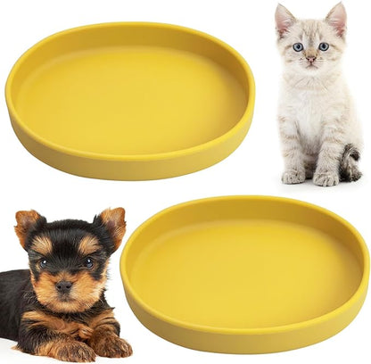 Fhiny 2 PCS Silicone Cat Food Bowls Shallow Dog Bowl 7" Non-Slip Pet Feeding Dishes for Dry and Wet Food Whisker Fatigue Cat Plates for Kitten Puppy and Small Pets(Yellow)