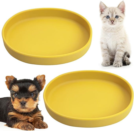 Fhiny 2 PCS Silicone Cat Food Bowls Shallow Dog Bowl 7" Non-Slip Pet Feeding Dishes for Dry and Wet Food Whisker Fatigue Cat Plates for Kitten Puppy and Small Pets(Yellow)